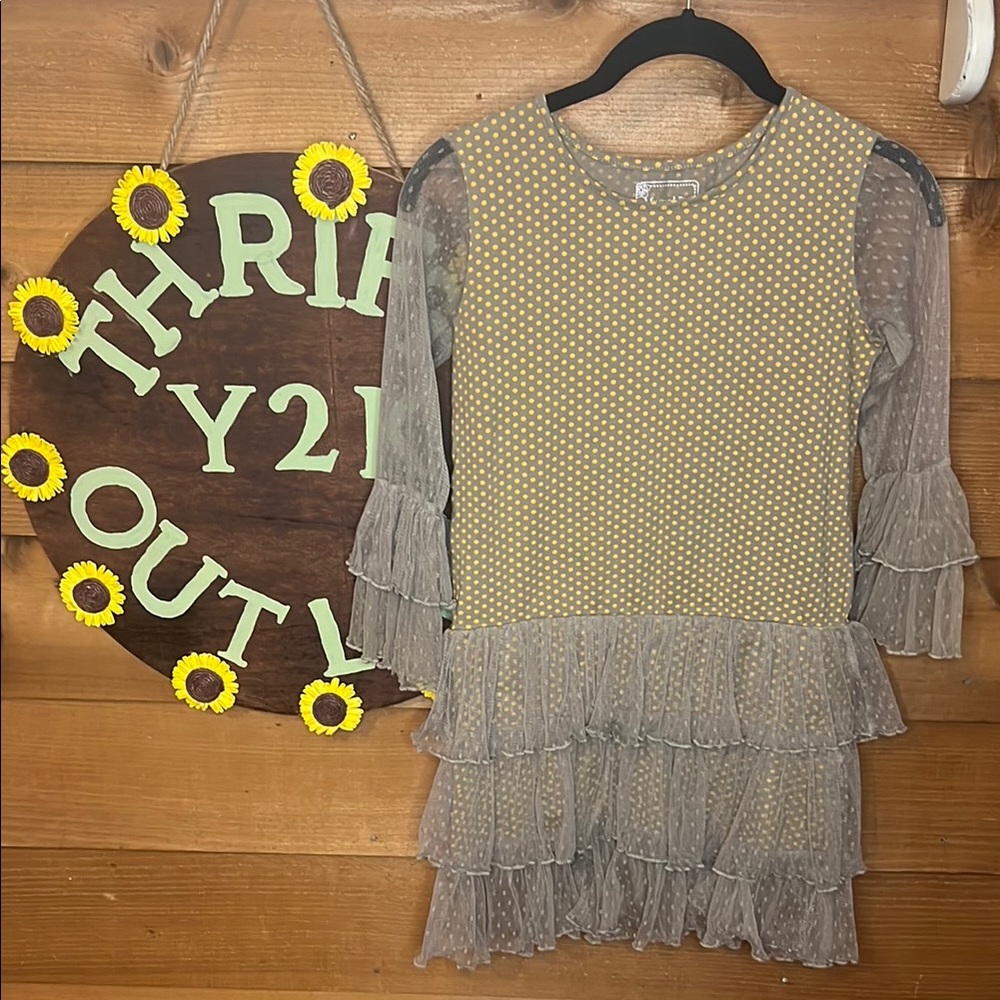 Mustard Pie Ruffle Lace Tiered Polka Dot Yellow Gold Grey Boutique Dress Cotton